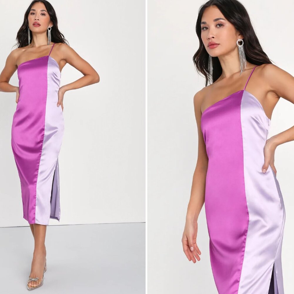 Lulus Flirty Intentions Purple Satin Color Block Midi Dress